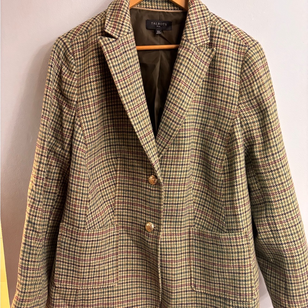 Talbots Women's Checkered Blazer - Brown and Green